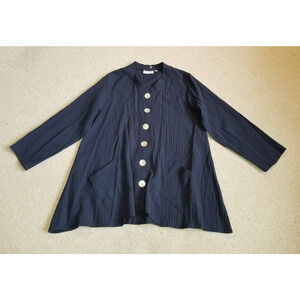 NWOT Womens Top-HABITAT-navy rayon stretch crinkle button-up lagenlook BOHO-M